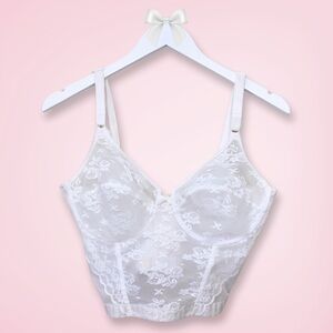 Lady Marlene Vintage Longline Bustier 36C | White Lace, Sheer Panels, Structured